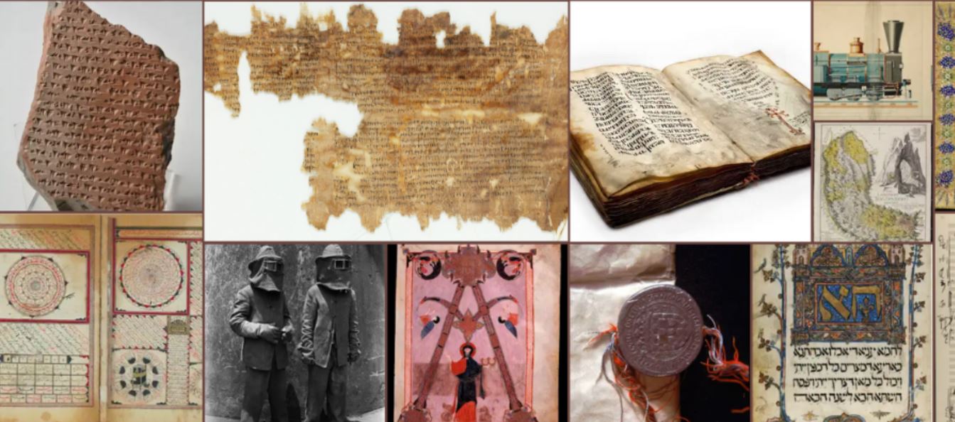 Exemplos de documentos inscritos no Registro Internacional do Programa Memória do Mundo: inscrições em tabuínhas de cerâmica, pergaminhos, códices, ilustrações, fotografias, mapas, iluminuras
